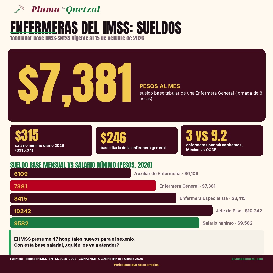 Infografía: tabulador de sueldos base de enfermería del IMSS 2026. Enfermera general $7,381 al mes, $246 diarios, contra salario mínimo de $315.04 diarios. México tiene 3 enfermeras por cada mil habitantes contra 9.2 del promedio OCDE.