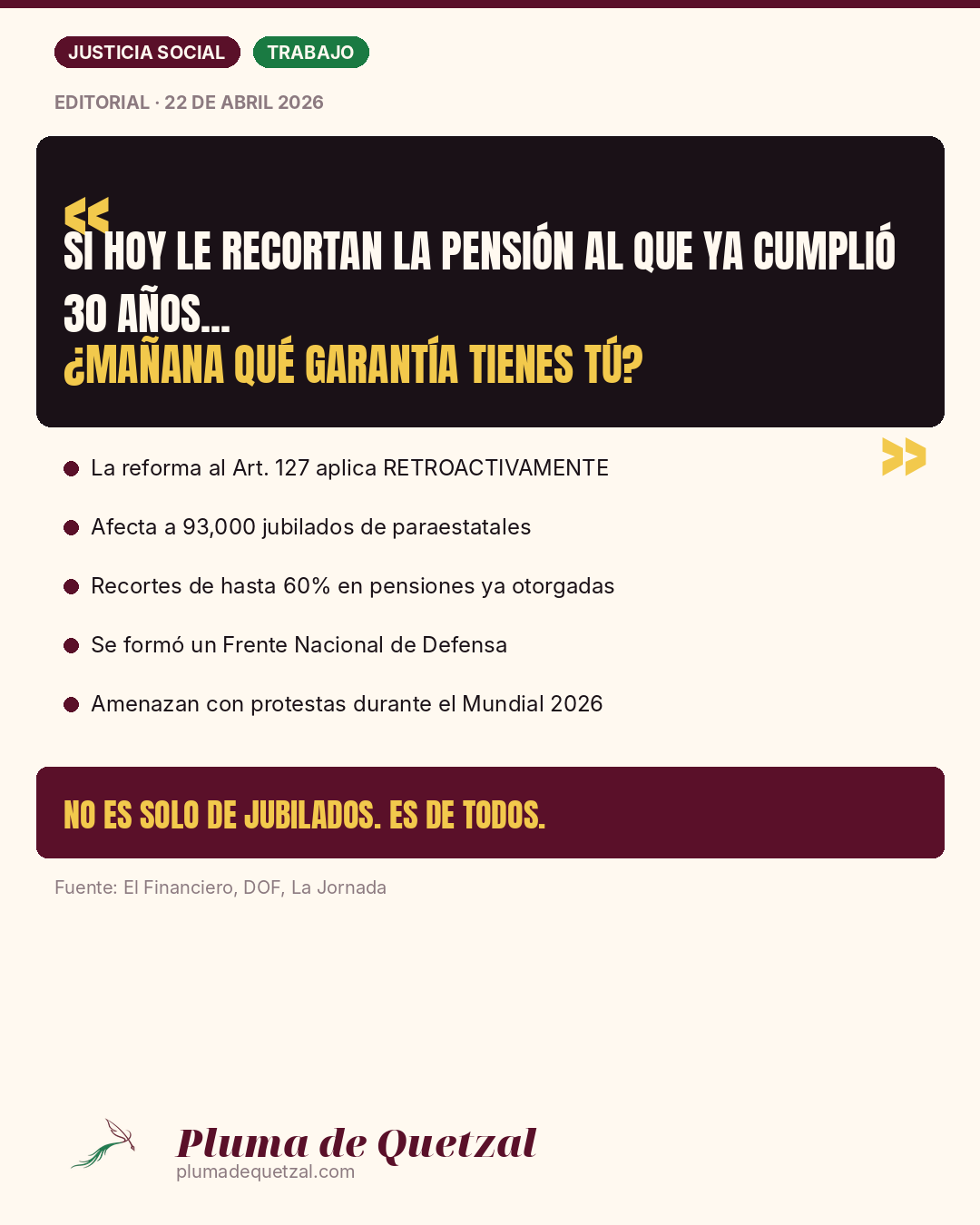 Si hoy le recortan la pensión al que ya cumplió 30 años, ¿mañana qué garantía tienes tú?