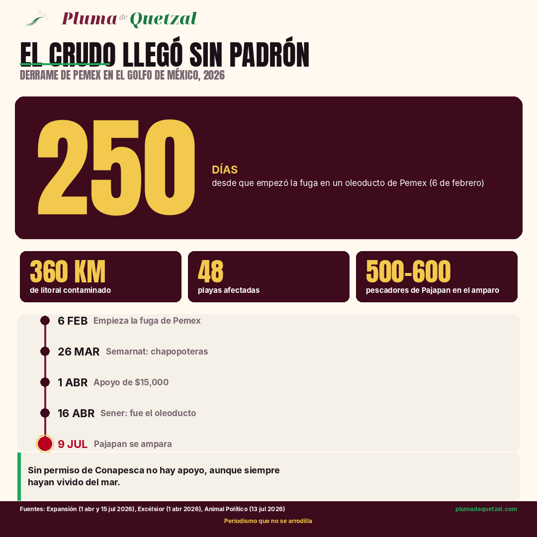 Infografía: 250 días desde que empezó la fuga del oleoducto de Pemex; 360 km de litoral contaminado; 48 playas; 500 a 600 pescadores de Pajapan en el amparo