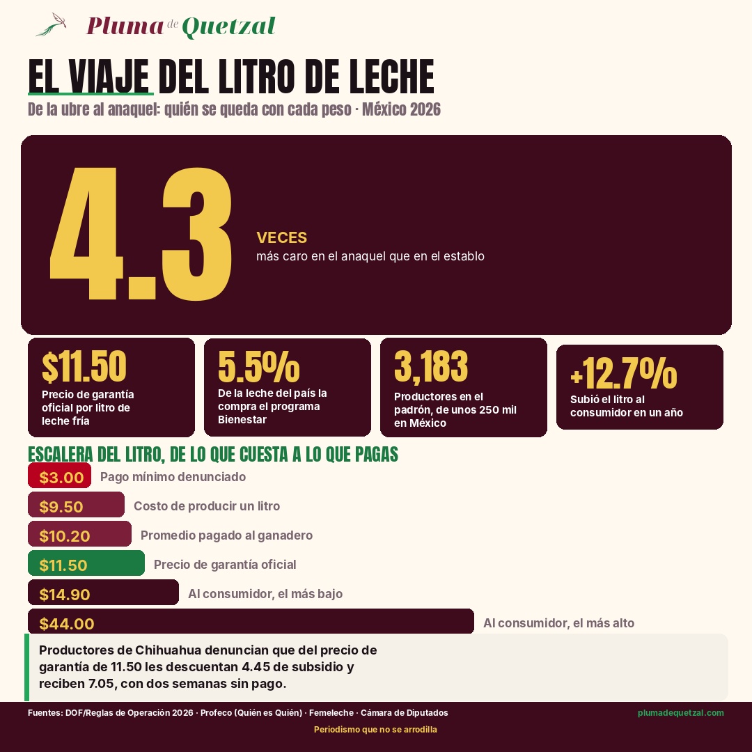 Infografía: escalera del precio de la leche en México 2026, del pago mínimo denunciado de 3 pesos al precio máximo al consumidor de 44 pesos