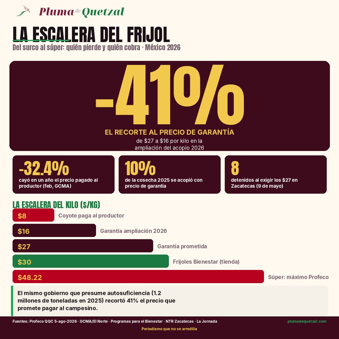 Infografía: la escalera del precio del frijol en México 2026, del coyote que paga $8 al súper que cobra $48.22, con el recorte del precio de garantía de $27 a $16