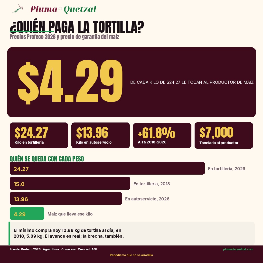 Infografía: de cada kilo de tortilla de 24.27 pesos, al productor de maíz le tocan 4.29 pesos. Comparativo tortillería 2026, tortillería 2018, autoservicio y maíz.