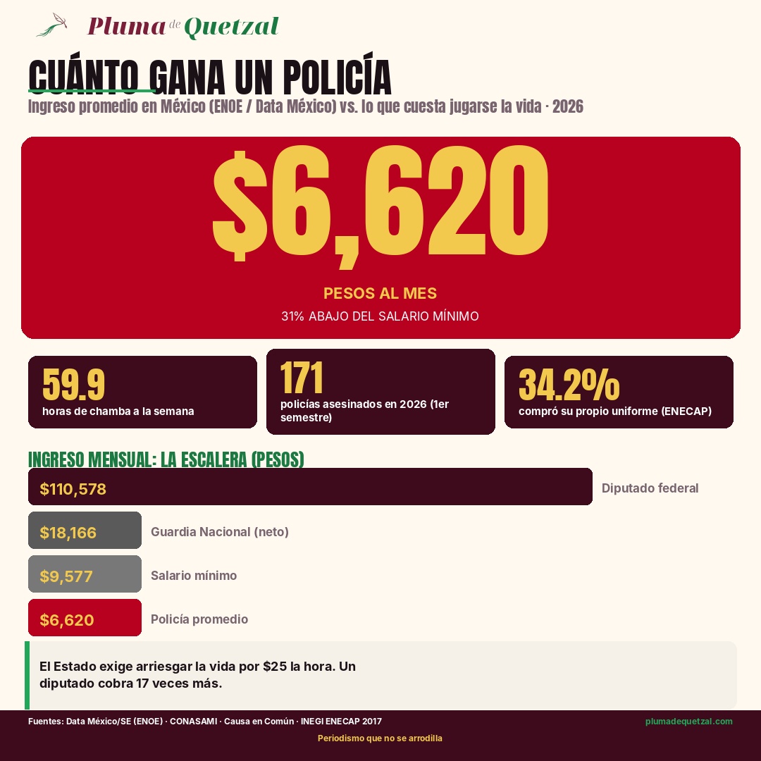 Infografía: el policía promedio gana $6,620 al mes, 31% abajo del salario mínimo; escalera de ingresos frente a diputado federal, Guardia Nacional y salario mínimo