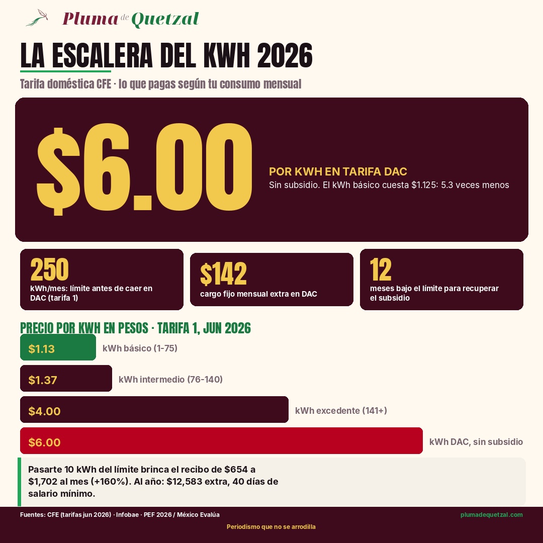 Infografía: la escalera del kWh 2026. El kWh básico cuesta $1.125, el intermedio $1.369, el excedente $4.004 y el kWh DAC sin subsidio $6.00. Límite de 250 kWh mensuales en tarifa 1, cargo fijo de $142 y 12 meses para recuperar el subsidio.