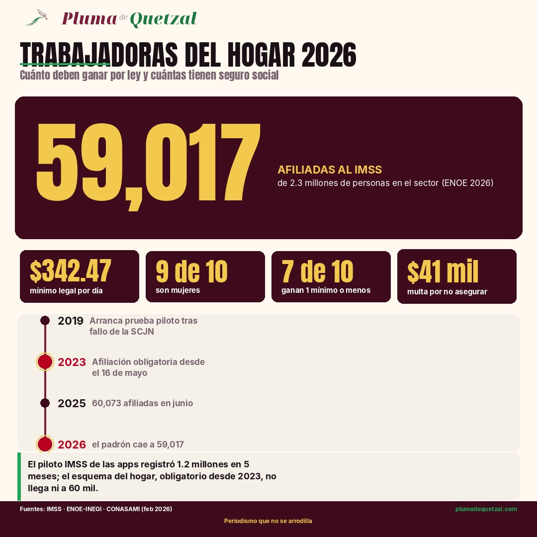Infografía: 59,017 trabajadoras del hogar afiliadas al IMSS de 2.3 millones; mínimo legal de $342.47 diarios; cronología 2019-2026 del esquema obligatorio