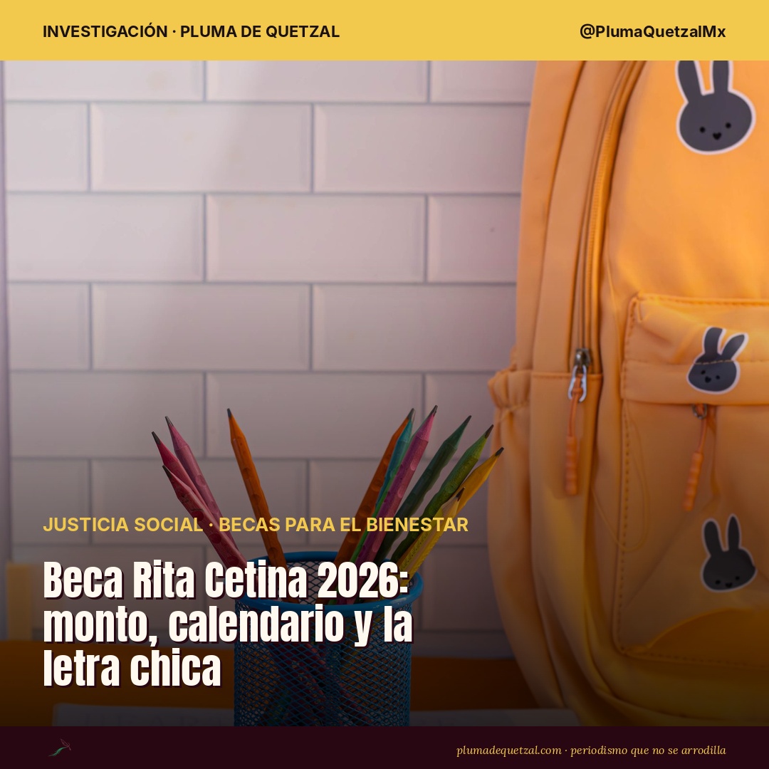 Mochila escolar amarilla junto a lápices de colores y cuadernos; la Beca Rita Cetina 2026 paga $1,900 bimestrales en secundaria y $2,500 anuales en primaria. Foto: The Design Lady / Pexels