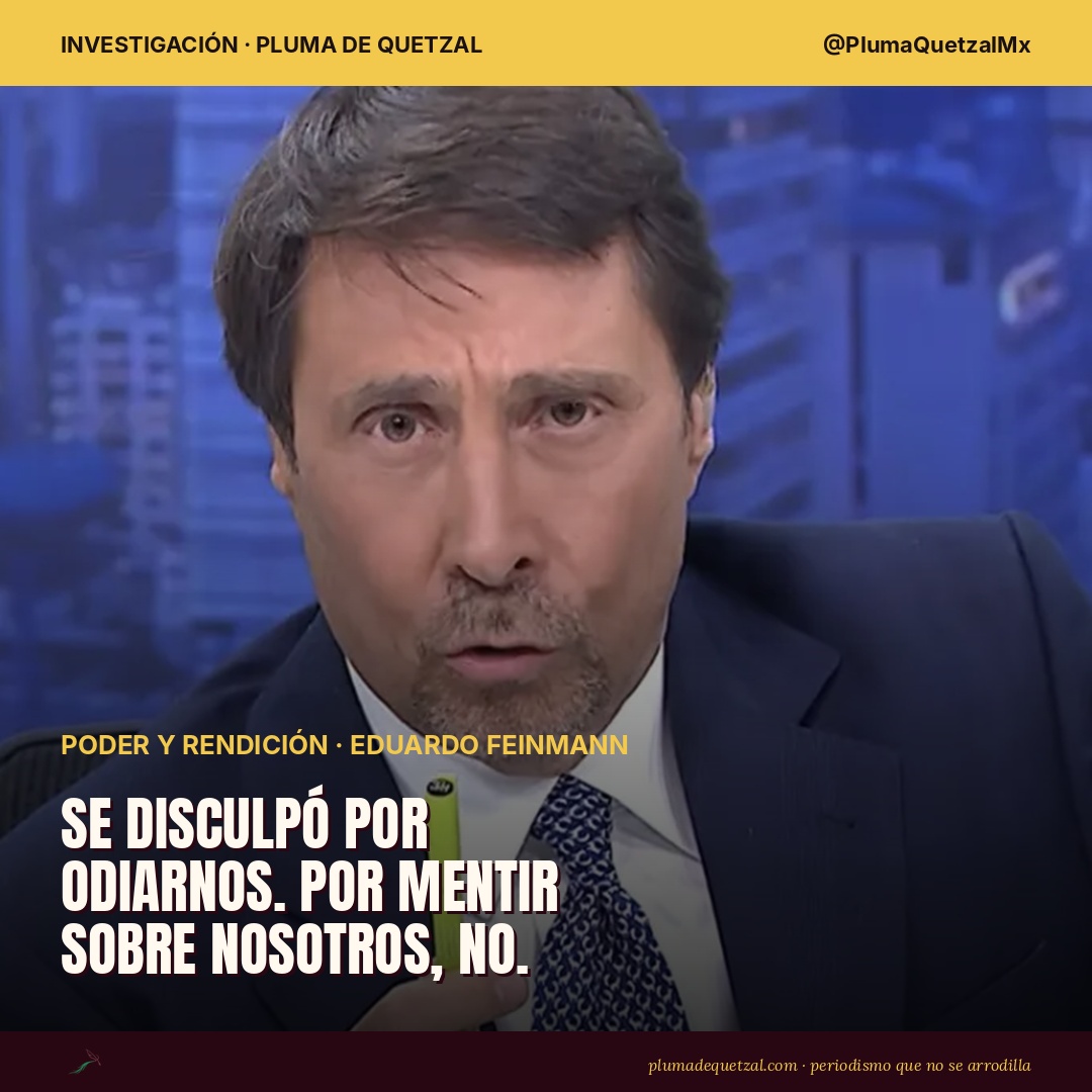 Eduardo Feinmann en su set de televisión señalando con una pluma hacia la cámara. El conductor argentino dijo que detesta a los mexicanos con su alma y se disculpó 48 horas después, pero no se ha retractado de difundir como verídicas las supuestas amenazas del narco a la selección de Ecuador. Captura de transmisión.