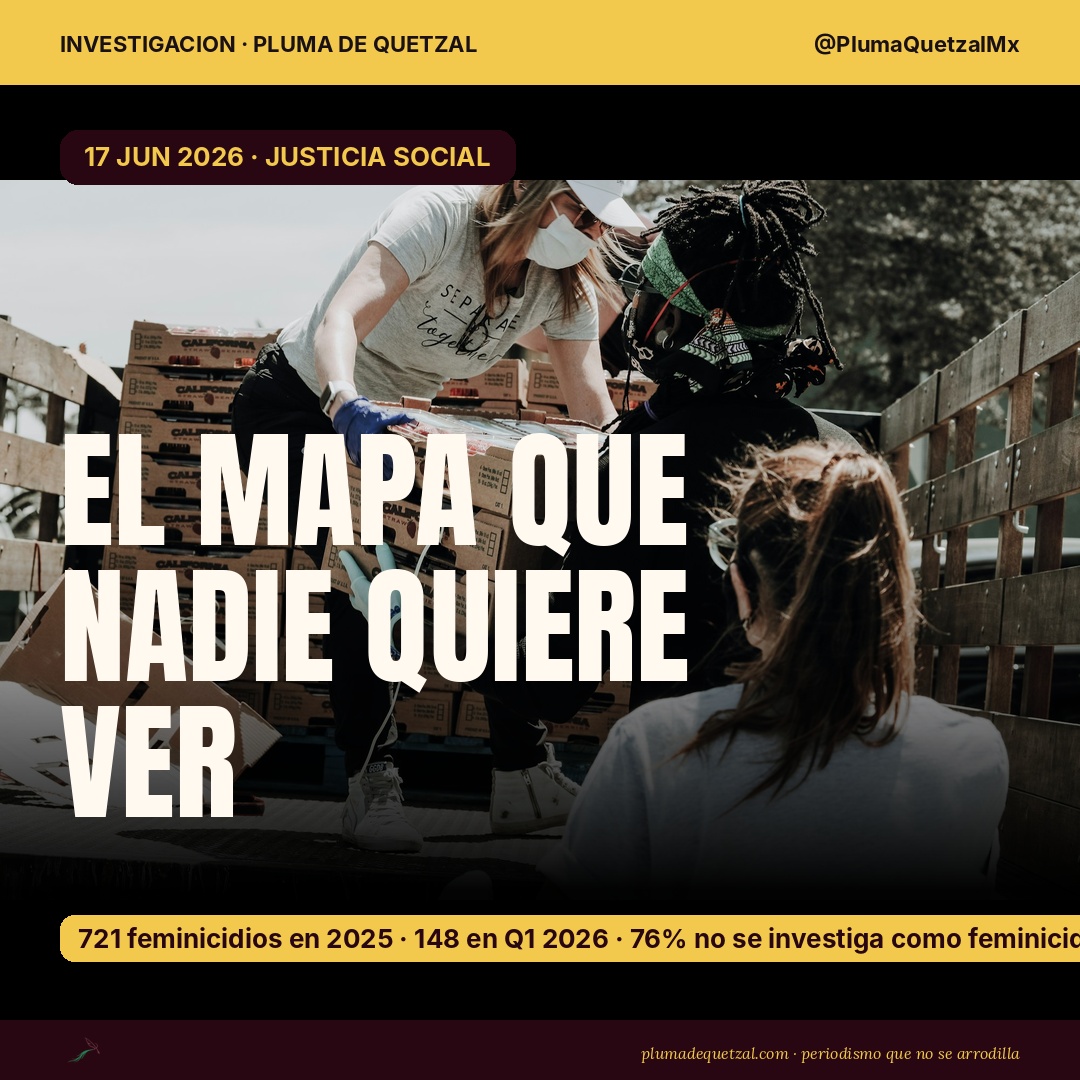 Mapa de feminicidios en México 2026 que nadie quiere ver. Marcha feminista con pañuelos y carteles. Pluma de Quetzal documenta el ranking de feminicidios por estado en México con datos oficiales del Secretariado Ejecutivo del Sistema Nacional de Seguridad Pública (SESNSP). En 2025 México registró 721 feminicidios, con Sinaloa encabezando la lista con 68 casos (+160% vs 2024), superando por primera vez al Estado de México. Durante el primer trimestre de 2026 se contabilizaron 148 feminicidios. Pero el 76% de los asesinatos de mujeres no son investigados como feminicidio según el Observatorio Ciudadano Nacional del Feminicidio.