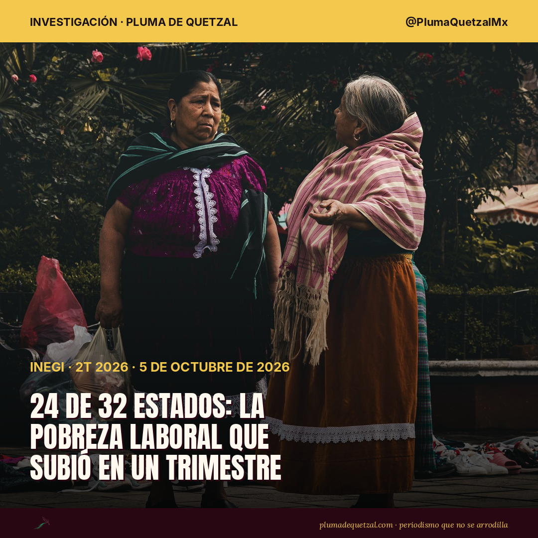 Dos mujeres conversan en un mercado de Uruapan, Michoacán, sobre la portada de Pluma de Quetzal: 24 de 32 estados, la pobreza laboral que subió en un trimestre
