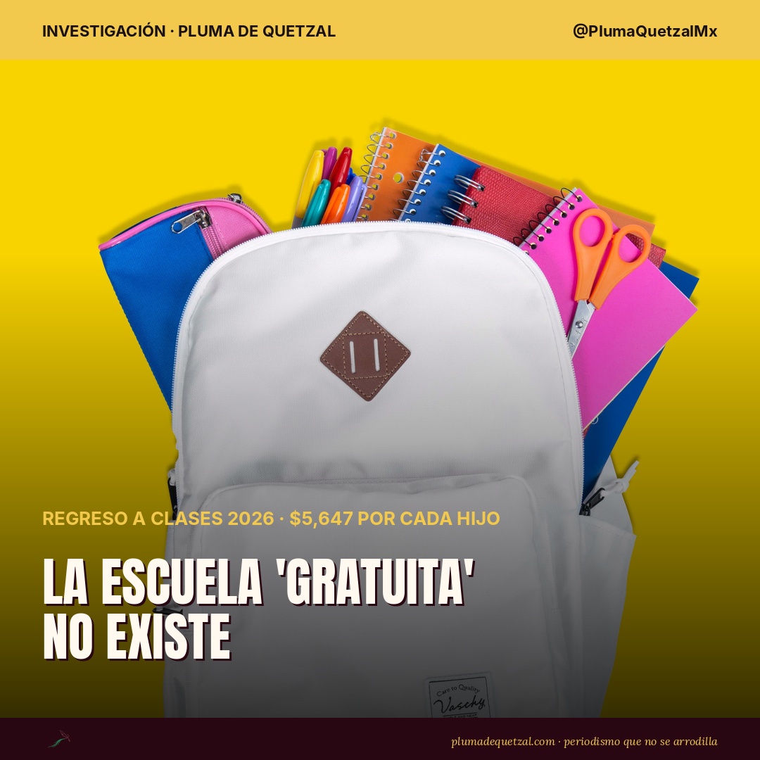 Mochila escolar blanca llena de útiles sobre fondo amarillo; el regreso a clases 2026 cuesta $5,647 por alumno. Foto: Jacob Yavin / Pexels